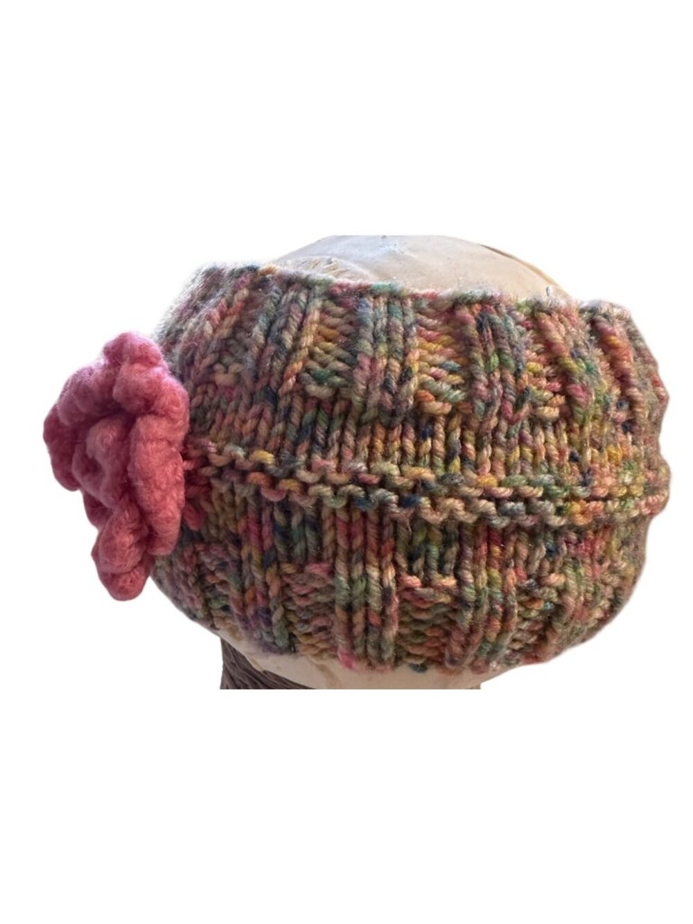 Handmade Multicolor Knit Ear Warmer With Pink Crochet Flower Accent - Picture 5 of 5